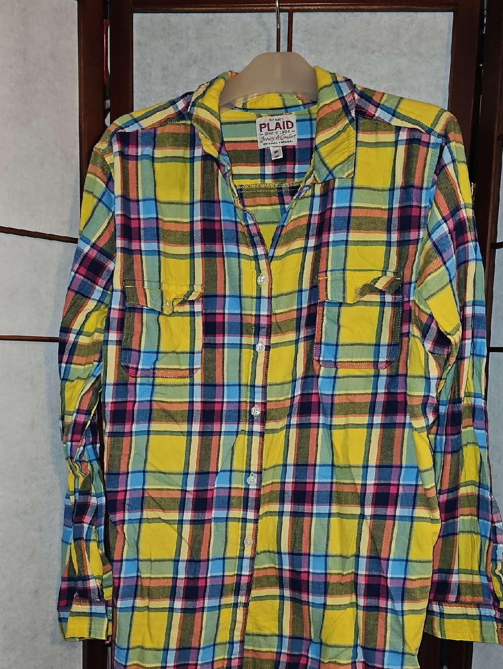 Old Navy Yellow Plaid Button-Down Shirt with Blue & Pink Stripes